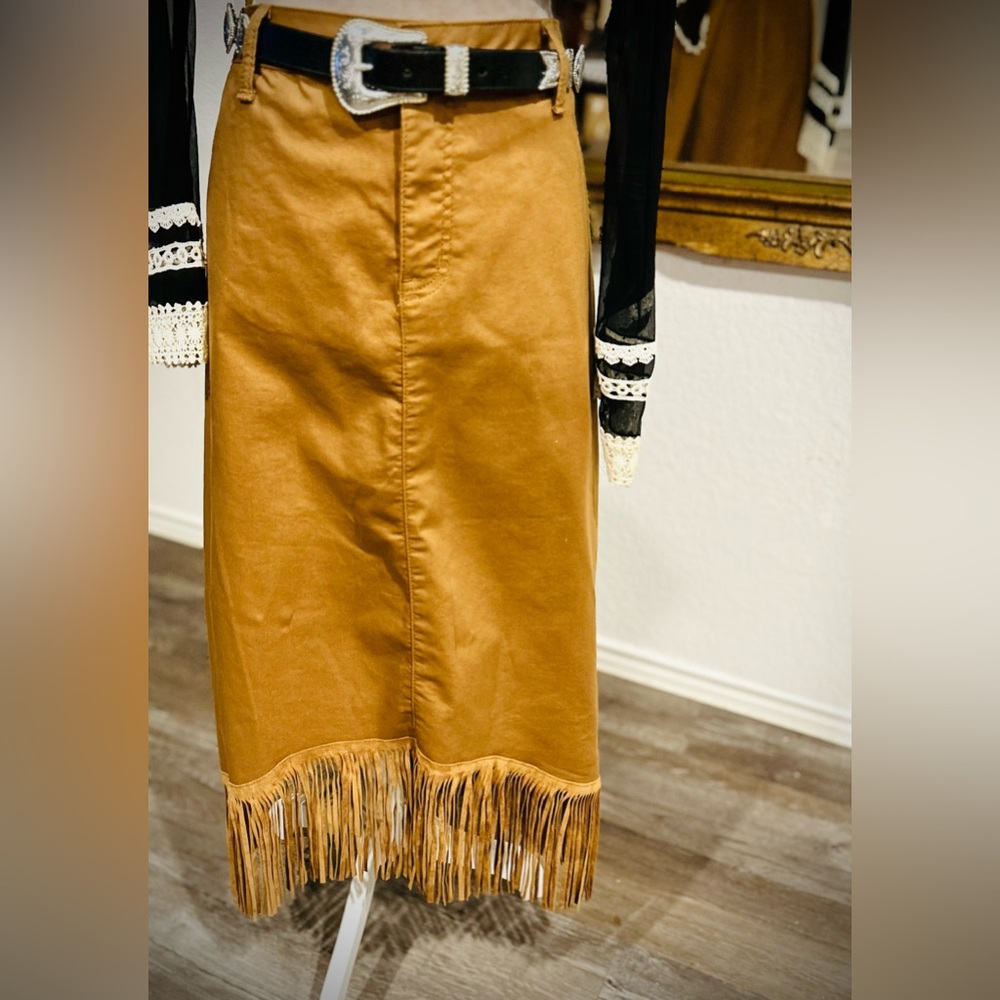 Fringe Hem Denim Midi Skirt Plus Size Tan Western Coastal Cowgirl Rodeo Festival